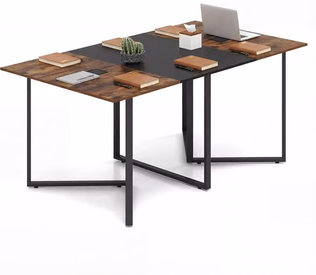 Costway Industrial Rectangular Conference Table in Brown with Metal Sled Base and Grommet