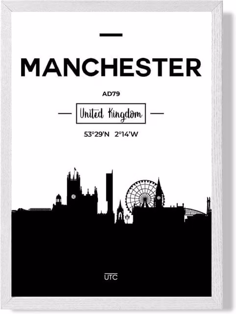 ARTZE Manchester Black and White City Skyline Framed Paper Poster in White Frame, A3