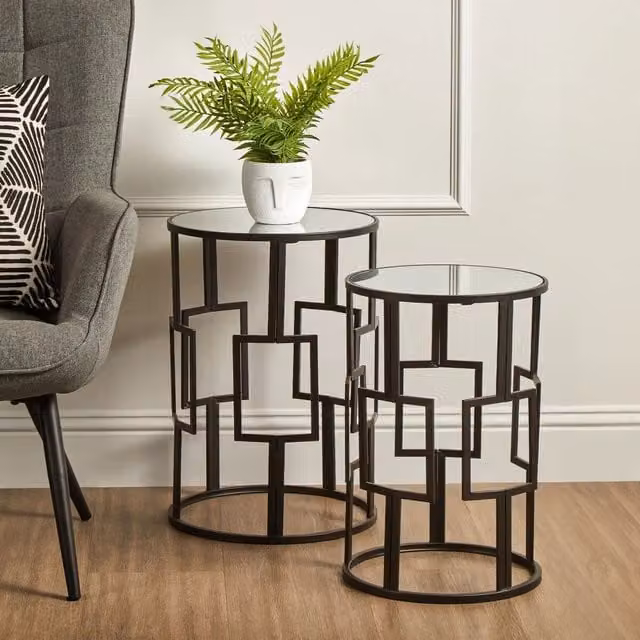 Orsina Set of 2 Modern Black Square Accent Tables with Glossy Glass Tops and Metal Sled Base
