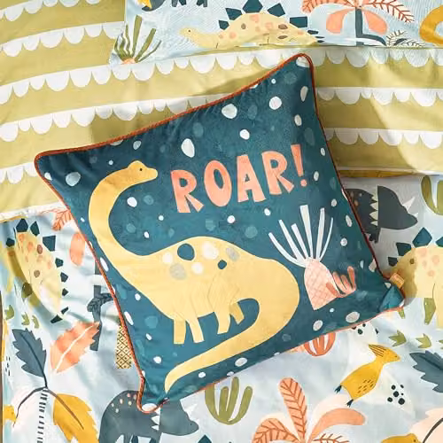 Little Furn Roar Kids Velvet Piped Cushion in Petrol Green, W/D/H: 43 x 43 x 43 cm