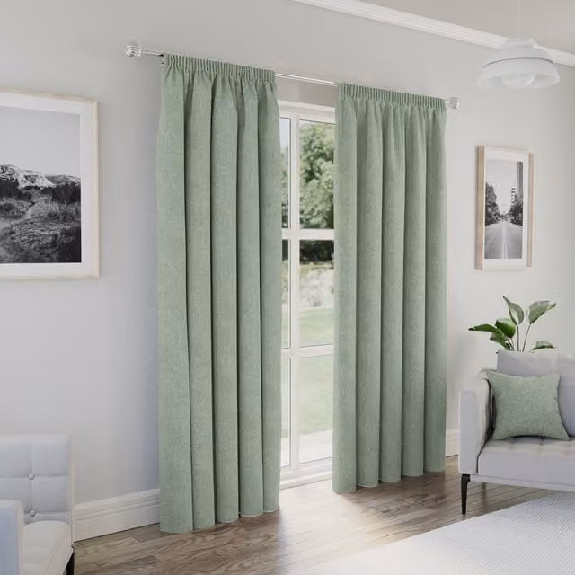 Enhanced Living Green Blackout Pencil Pleat Curtains, Thermal Insulating, Width: 183 cm, Height: 168 cm