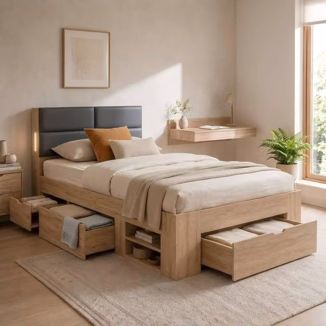 ModernLuxe Wood Frame Storage Bed in Brown with 3 Drawers, Bedside Shelves and Integrated LED Light, W/D/H: 140 x 90 x 200 cm