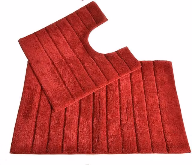 Allure Bath Fashions Ribbed Two Piece Bath and Pedestal Toilet Mat Set in Red Cotton