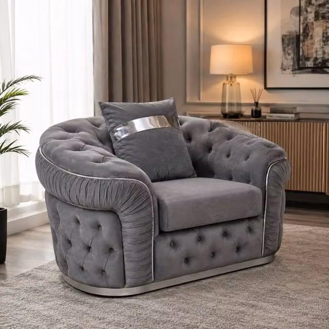 Stratus Interiors Ambassador Chesterfield Sofa in Mid Grey Velvet with Silver Trim