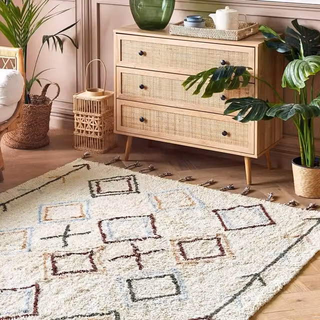 Wyld and Coco Hand-Tufted Cotton Geometric Boho Area Rug in Multicolour Beige, W: 160 cm, L: 230 cm