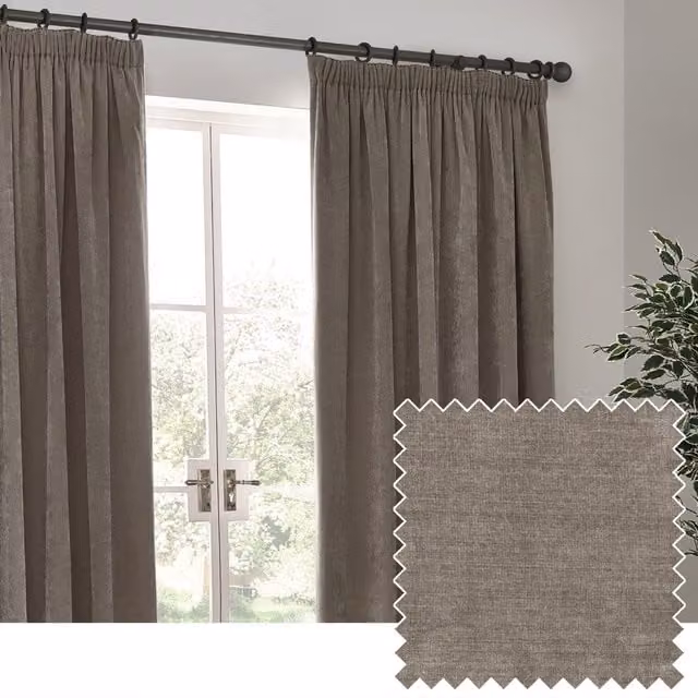 Make It A Home Heavy Chenille Velvet Pencil Pleat Curtains in Greige, Width: 183 cm, Height: 168 cm