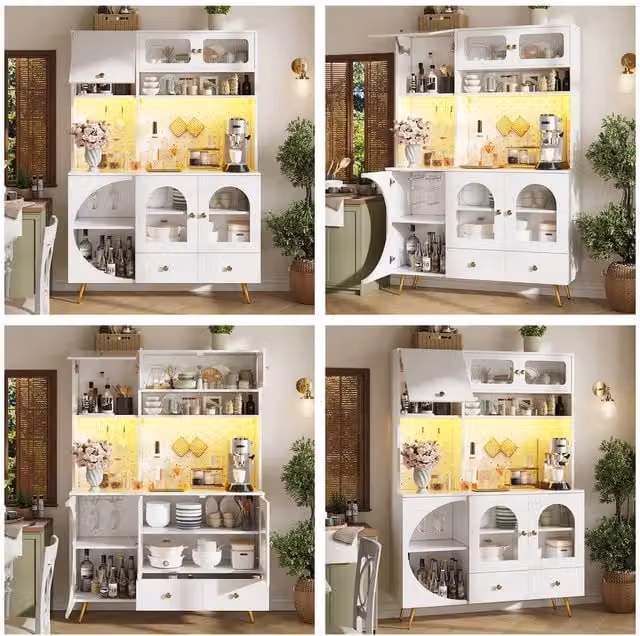 Rolipo Modern White Tall Kitchen Cabinet and Sideboard with Power Outlets and Integrated Lighting
