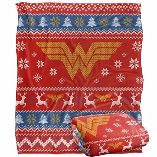 LOGOVISION Wonder Woman Ugly Christmas Sweater Throw Blanket, Multicolour and White, W: 152 cm, D: 127 cm