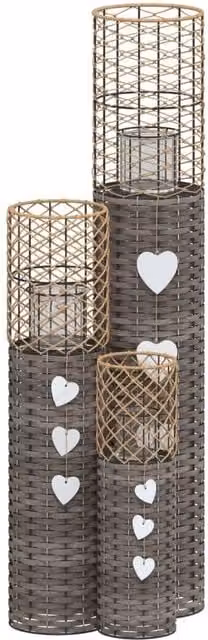 Berkfield Set of 3 Grey Rattan and Glass Pillar Candle Holders