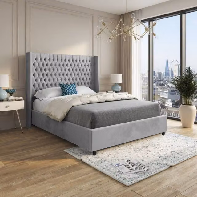 KDMD Wormbridge Winged Upholstered Grey Velvet Designer Bed Frame, W/D/H: 90 x 190 cm