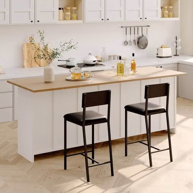 London Boutique Set of 2 Black Synthetic Leather Upholstered Bar Stools with Footrest and Backrest