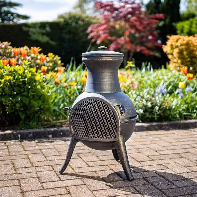 mysmartbuy El Clasico Chiminea Bronze Effect Metal Outdoor Garden Fire Pit Bowl with Mesh Door and Fuel Grate, H 69 cm x Diameter 38 cm