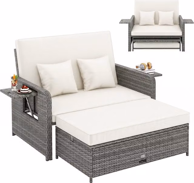 Costway 2 Piece White Polyrattan Garden Furniture Set with Adjustable Headrests and Side Trays