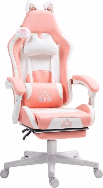 Rolipo Pink Cat Ear and Paw Reclining Gaming Office Chair with Footrest and Headrest
