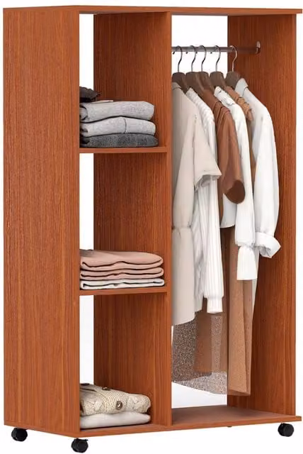 KORVIXA Walnut Open Wardrobe on Wheels, Brown, Width: 100 cm