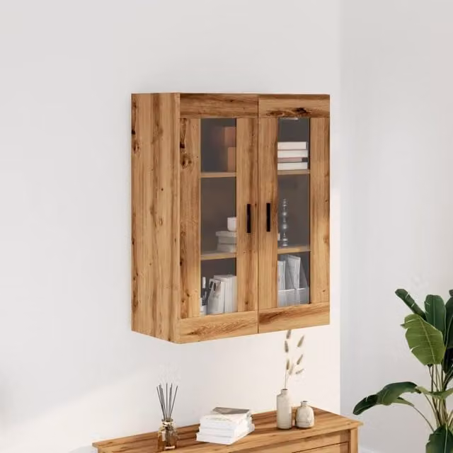 Berkfield Home Artisan Oak Wall Mounted Cabinet with Glass Doors, Brown, W/D/H: 69.5 x 34 x 90 cm