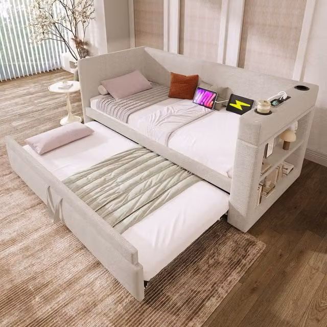 Merax Upholstered Single Trundle Daybed in Beige with USB Charging Port and Side Compartments W/D/H: 90 x 190 cm