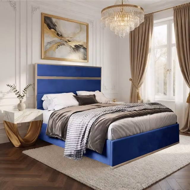 Casani Fladbury Blue Velvet Upholstered Metal Designer Bed Frame, W/D/H: 180 x 200 x 137 cm