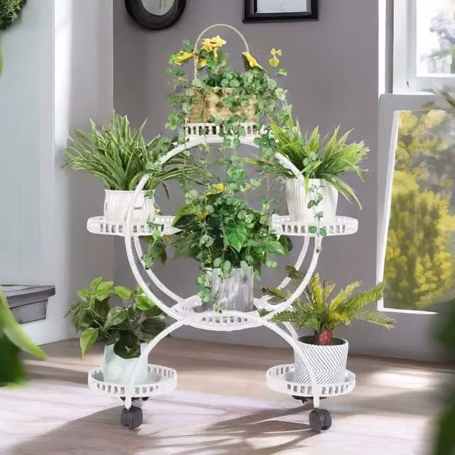 Pirlo Plush 6-Tier Round Metal Plant Stand Organiser in Matt White for Indoor and Outdoor Use