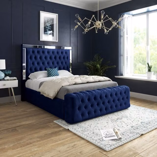 Casani Marino Mirror Upholstered Soft Velvet Bed Frame in Blue and Silver, W/D/H: 180 x 200 cm