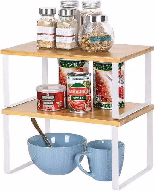Xample Set of 2 Stackable and Expandable Kitchen Countertop Cabinet Organiser Shelves in Sand, Beige or White