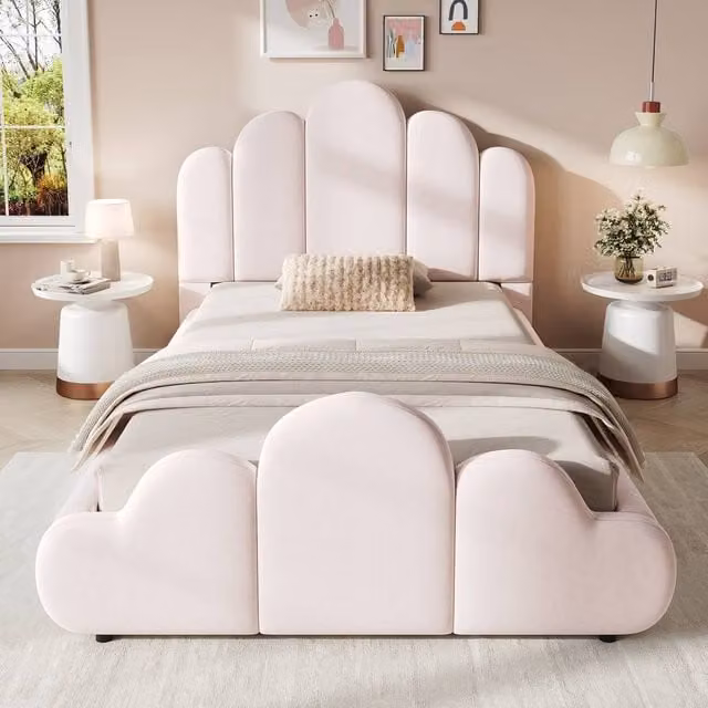Merax Single Petal Upholstered Childs Bed Frame in Pink Velvet, W/D/H: 90 x 190 x 106 cm