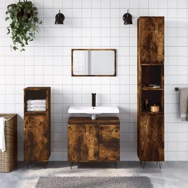 Berkfield Home Smoked Oak Bathroom Cabinet, Brown, W/D/H: 30 x 30 x 190 cm