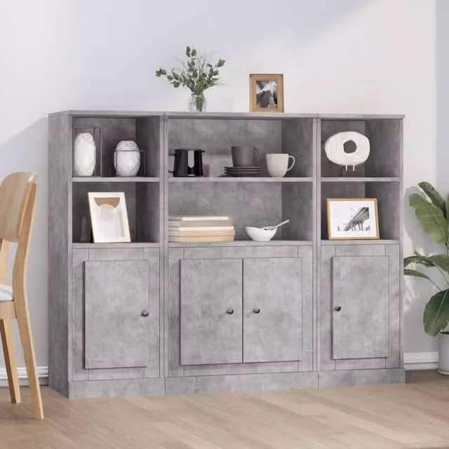 Berkfield Home Set of 3 Modern Wall Mounted Highboards in Concrete Grey with Hinged Doors and Open Shelves