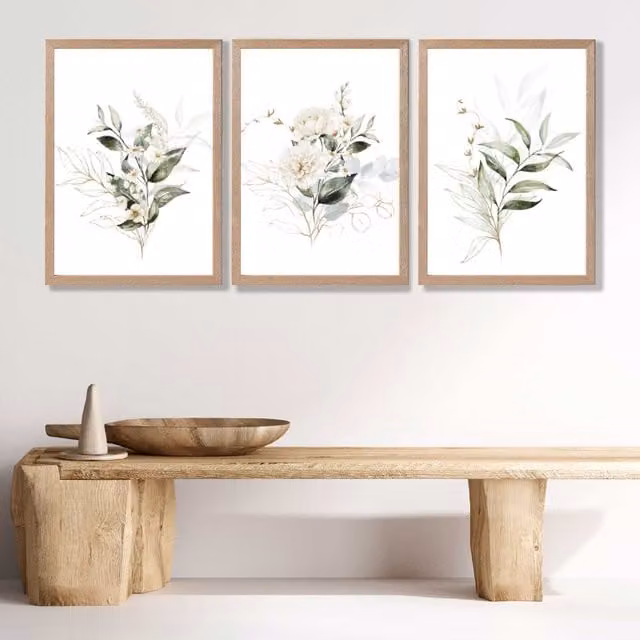 ARTZE Set of 3 White and Green Floral Botanical Wall Art Prints with Oak Wood Frame, W53 x H73 x D2 cm