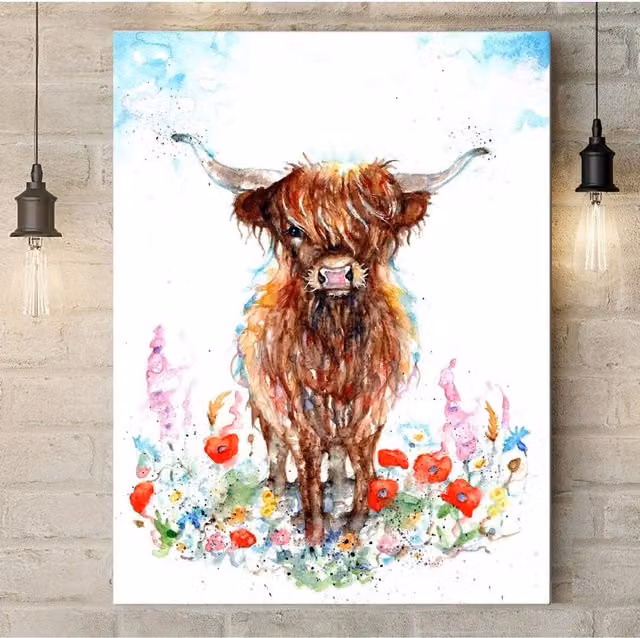 BebesArts Highland Cow in the Meadow Canvas Wall Art, Brown, W: 60.96 cm, H: 40.64 cm