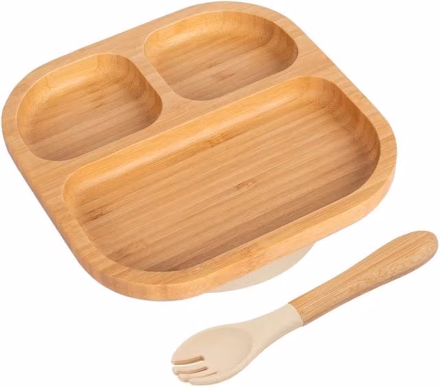 Tiny Dining Bamboo Segmented Baby Weaning Plate and Fork Set in Beige