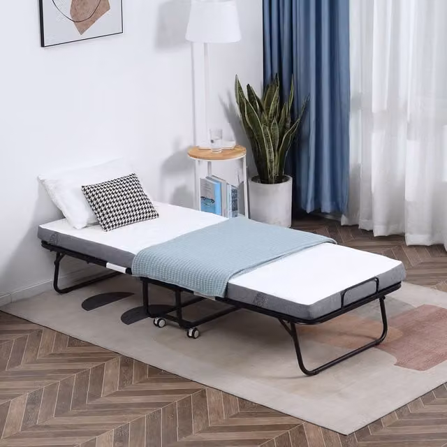 HOMCOM Folding Rollaway Bed with 10cm Mattress and Metal Frame in White, W/D/H: 90 x 190 cm