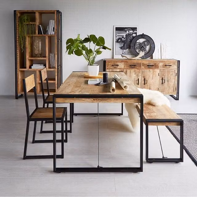 IH Design Retro Acacia Wood and Metal Dining Bench in Brown and Grey