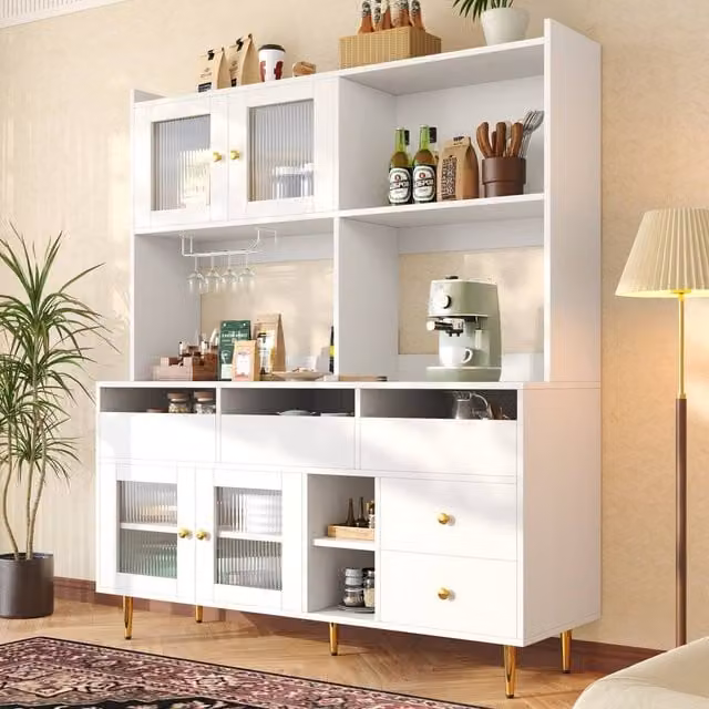 Merax Modern Kitchen Dresser with Glass Doors, Bottle Rack and Glass Holder in White