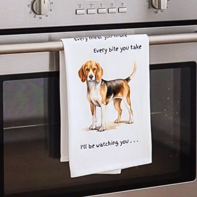 Animal Crackers Beagle Dog Novelty Cotton Tea Towel in White and Grey