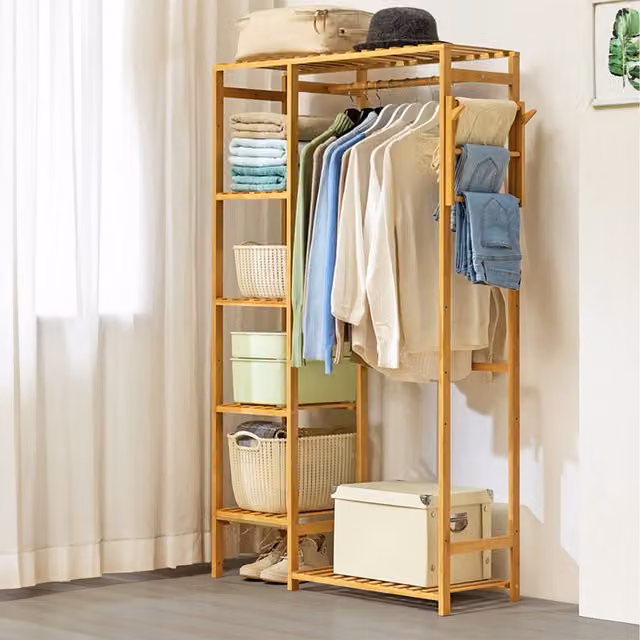 Komore Modern Open Coat Rack with Clothes Rail and Four-Tier Side Shelf in Brown Wood Colour, Width: 90 cm