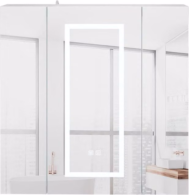 KEEPREAPER White LED Bathroom Mirror Cabinet with 3 Hinged Doors, Anti-Fog Defogger and Sensor Switch, W/H: 80 x 80 cm