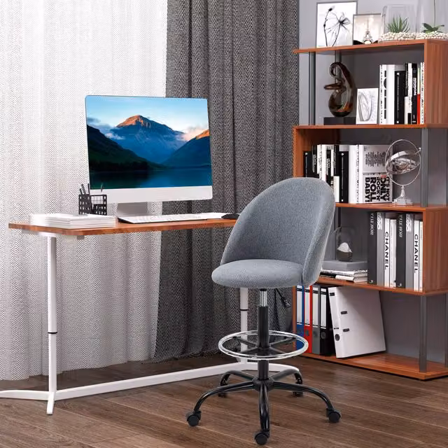 HOMCOM Grey Fabric Ergonomic Drafting Chair with 360 Degree Swivel and Foot Ring