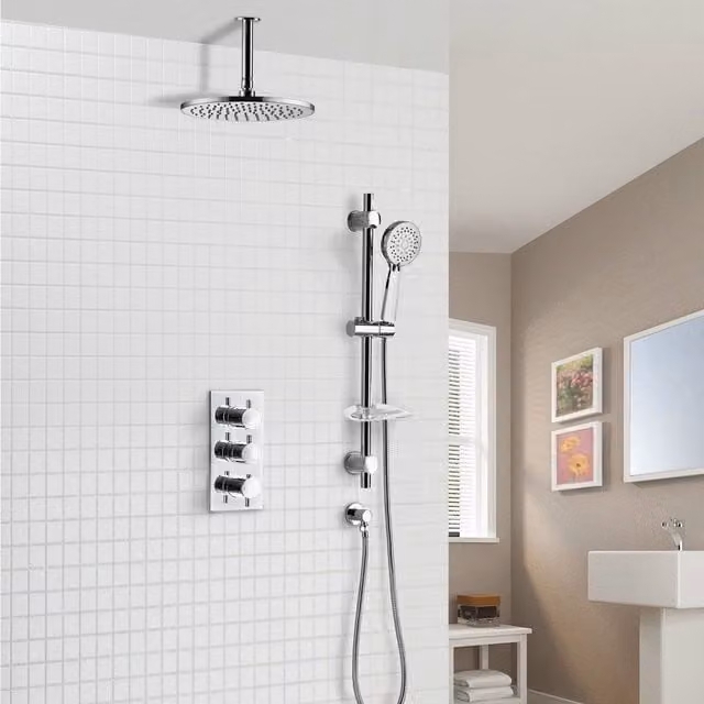Nes Home Calla Round Concealed Thermostatic Shower Mixer Set with Ceiling Head and Adjustable Slider Rail Handset in Silver