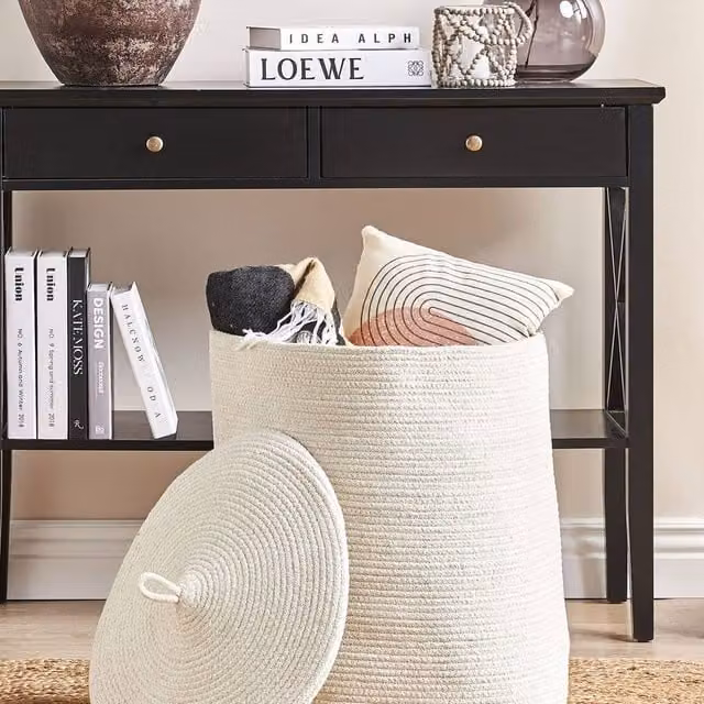 Wyld and Coco Cotton Storage Basket with Lid, White, W: 44 cm, D: 44 cm, H: 52 cm