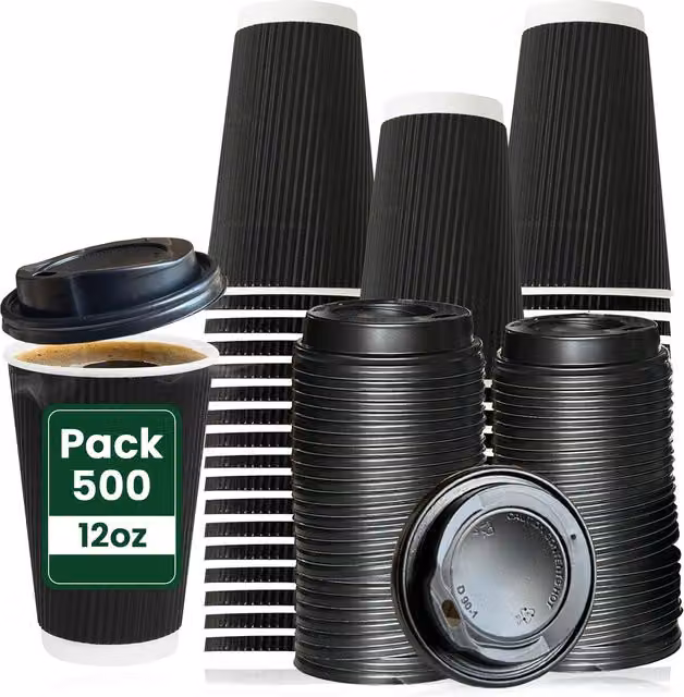 ECONX Disposable Black Paper Coffee Cups with Lids, 355 ml