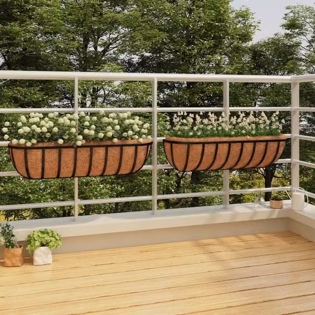 Berkfield Home Steel Wall Trough Planters with Coco Liners, Black, 2 Pack, W/D/H: 76 x 21 x 16 cm