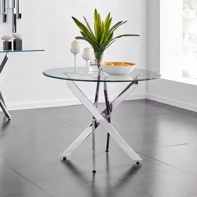 FurnitureboxUK Skye Round Glass and Metal 6 Seater Dining Table in White, Grey and Silver