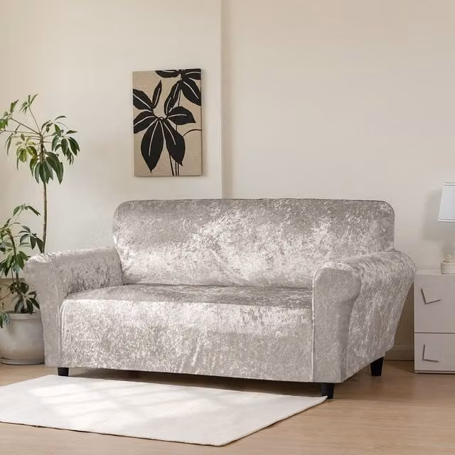 Home Republic Crushed Velvet Stretch 3 Seater Sofa Cover in Beige