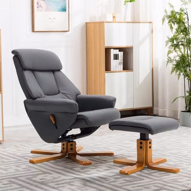 Livingandhome Modern Ergonomic Swivel Relax Recliner Chair with Ottoman in Grey Synthetic Leather