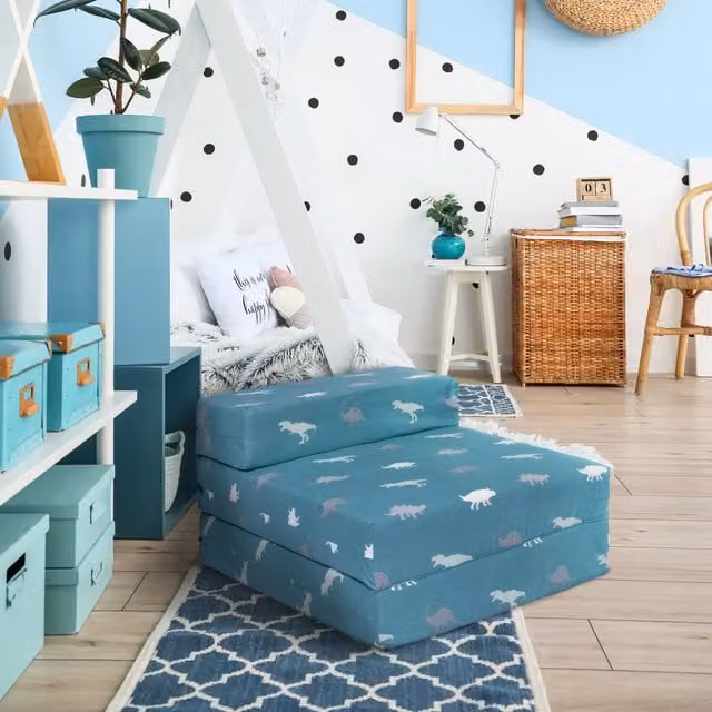 Ready Steady Bed Rex/T-Rex Kids Single Folding Mattress Sofa Bed in Blue and Green Animal Print Fabric