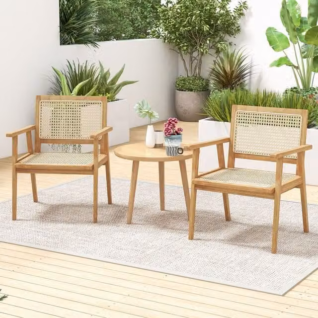 Costway Modern Brown Teak Outdoor Dining Chair with Armrests and UV-Resistant Fabric