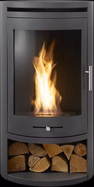 OKO S5 Bio Ethanol Cylinder Stove with Log Storage in Charcoal Grey