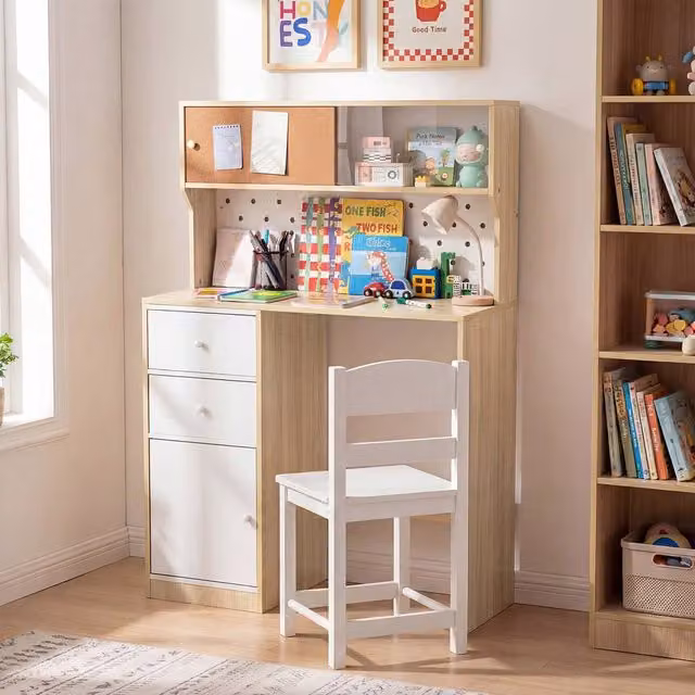 CASART Kids Wooden Study Desk and Chair Set with 2 Cabinets and 2 Drawers in White and Multicolour