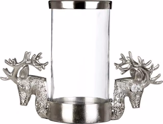 Orsina Stag Head Design Hurricane Candle Holder in Silver and Transparent Glass